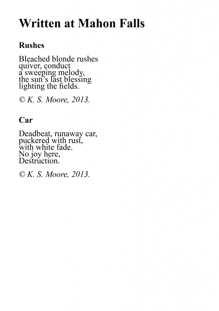 Two micropoems written at Mahon Falls, by K. S. Moore.